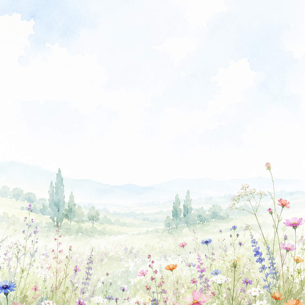 Pastel-colored flowers in a field with a soft blue sky